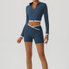 Women Yoga Set Zip up Long Sleeve Crop Top Cross Waist Biker Shorts 2 Pieces Workout Active Wear