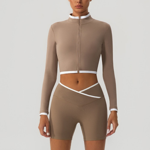 Women Yoga Set Zip up Long Sleeve Crop Top Cross Waist Biker Shorts 2 Pieces Workout Active Wear
