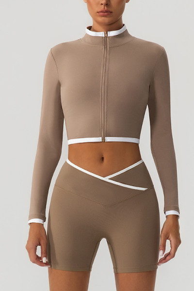 Women Yoga Set Zip up Long Sleeve Crop Top Cross Waist Biker Shorts 2 Pieces Workout Active Wear