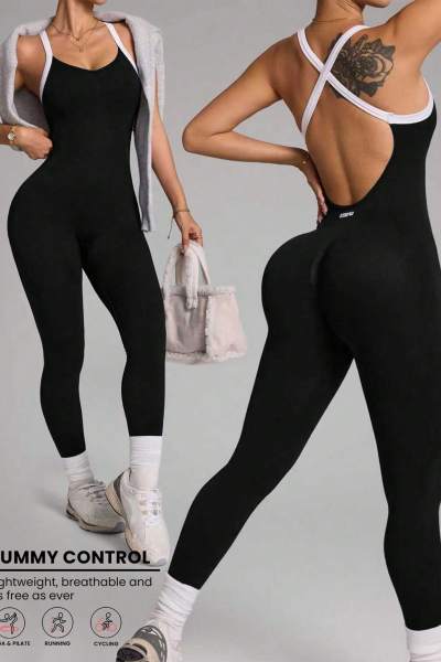 Women Seamless Cross Back Yoga Jumpsuit, Quick Dry Butt Lifting One Piece Fitness Workout Suit