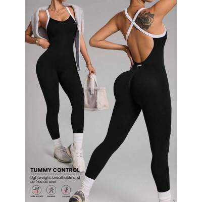 Women Seamless Cross Back Yoga Jumpsuit, Quick Dry Tummy Control Butt Lifting One Piece Fitness Workout Suit