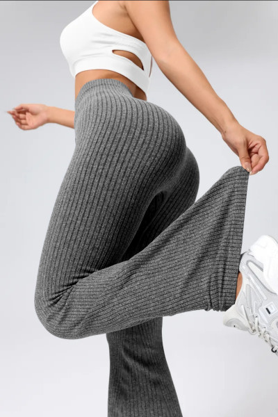 Women Ribbed High Waist Bell Bottom Pants, Stretchy Slim Fit Flare Leggings for Workout Casual Wear
