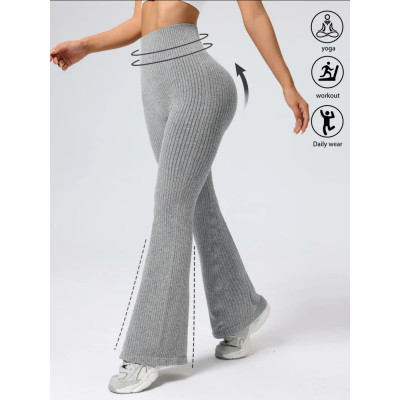 Women Ribbed High Waist Bell Bottom Pants, Stretchy Slim Fit Flare Leggings for Workout Casual Wear