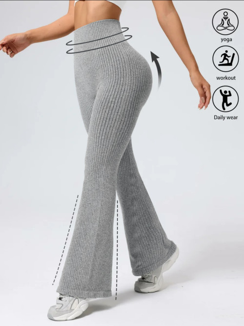 Women Ribbed High Waist Bell Bottom Pants, Stretchy Slim Fit Flare Leggings for Workout Casual Wear