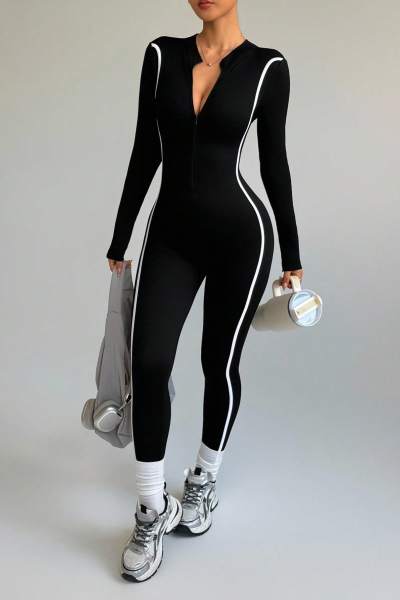 Women Half Zip Stand Collar One Piece Yoga Jumpsuit Striped Color Block Compression Fitness Suit
