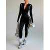 Women Half Zip Stand Collar One Piece Yoga Jumpsuit Striped Color Block Compression Fitness Suit