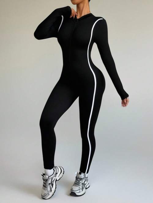 Women Half Zip Stand Collar One Piece Yoga Jumpsuit Striped Color Block Compression Fitness Suit