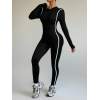 Women Half Zip Stand Collar One Piece Yoga Jumpsuit Striped Color Block Compression Fitness Suit