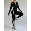 Women Half Zip Stand Collar One Piece Yoga Jumpsuit Striped Color Block Compression Fitness Suit