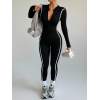 Women Half Zip Stand Collar One Piece Yoga Jumpsuit Striped Color Block Compression Fitness Suit