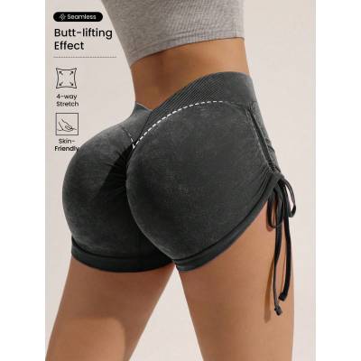 Women Seamless Frosted Drawstring Workout Shorts, Peach Butt Lifting Cycling Running Fitness Shorts