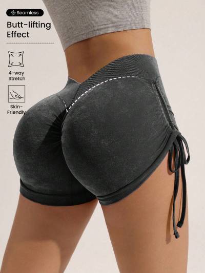 Women Seamless Frosted Drawstring Workout Shorts, Peach Butt Lifting Cycling Running Fitness Shorts