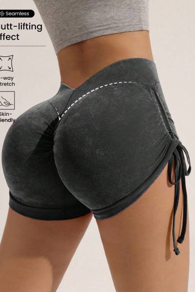 Women Seamless Frosted Drawstring Workout Shorts, Peach Butt Lifting Cycling Running Fitness Shorts