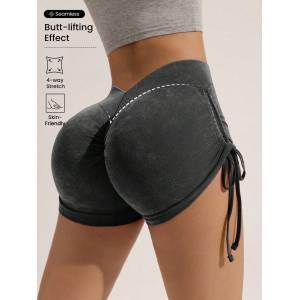 Women Seamless Frosted Drawstring Workout Shorts, Peach Butt Lifting Cycling Running Fitness Shorts