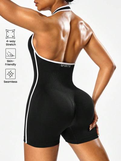 Women Halter Backless Color Block Yoga Romper One Piece Fitness Workout Jumpsuit