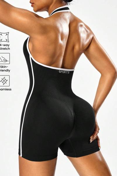 Women Halter Backless Color Block Yoga Romper One Piece Fitness Workout Jumpsuit