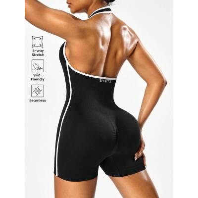 Women Halter Backless Color Block Yoga Romper One Piece Fitness Workout Jumpsuit