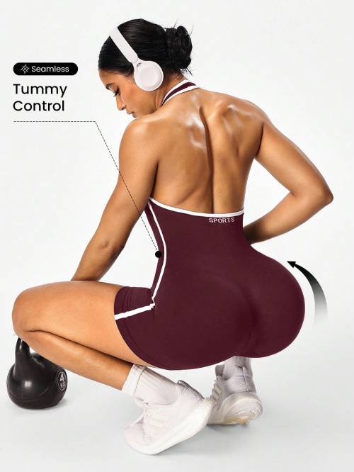 Women Halter Backless Color Block Yoga Romper One Piece Fitness Workout Jumpsuit