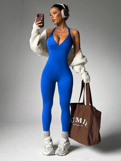 Solid Color Backless Halter Yoga Bodysuit High Elastic Sleeveless Compression Fitness Jumpsuit
