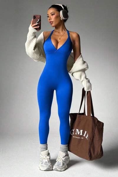 Solid Color Backless Halter Yoga Bodysuit High Elastic Sleeveless Compression Fitness Jumpsuit