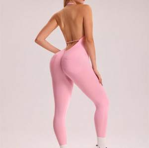 Solid Color Backless Halter Yoga Bodysuit High Elastic Sleeveless Compression Fitness Jumpsuit