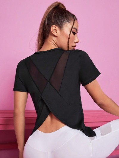 Women Summer Short Sleeve Sports T Shirt Loose Breathable Quick Dry Mesh Cross Back Yoga Fitness Top