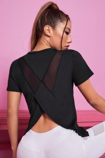 Women Summer Short Sleeve Sports T Shirt Loose Breathable Quick Dry Mesh Cross Back Yoga Fitness Top