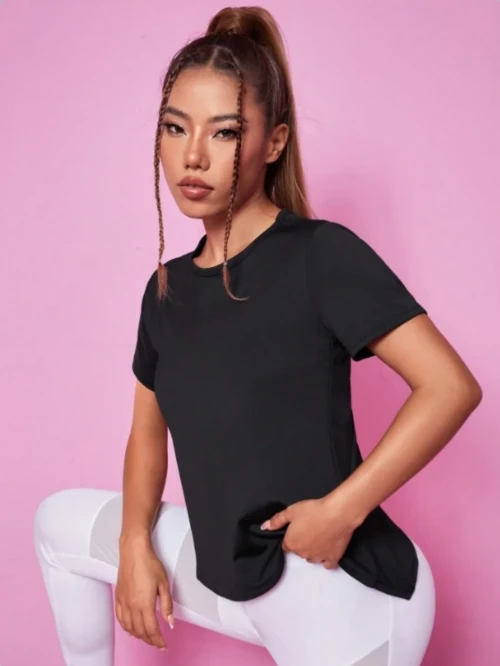 Women Summer Short Sleeve Sports T Shirt Loose Breathable Quick Dry Mesh Cross Back Yoga Fitness Top