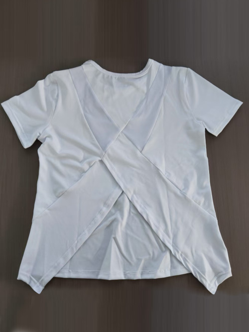 Women Summer Short Sleeve Sports T Shirt Loose Breathable Quick Dry Mesh Cross Back Yoga Fitness Top