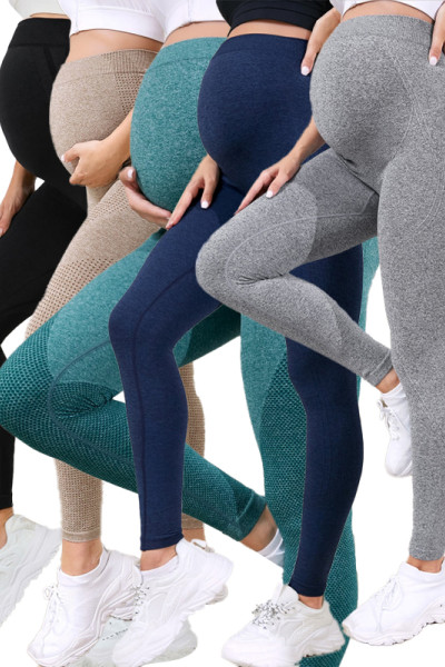 Over Belly High Waist Pregnancy Leggings Seamless Textured Full Length Maternity Active Wear