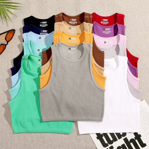 Women Solid Crop Top Seamless Sleeveless Tank Top Rib-Knit Elastic Casual Vest