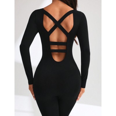 Women Crisscross Back Yoga Jumpsuit Long Sleeve Full Body Workout Sport Jumpsuit