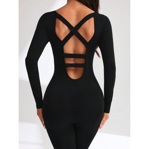Women Crisscross Back Yoga Jumpsuit Long Sleeve Full Body Workout Sport Jumpsuit