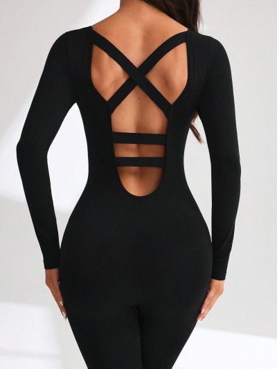 Women Crisscross Back Yoga Jumpsuit Long Sleeve Full Body Workout Sport Jumpsuit