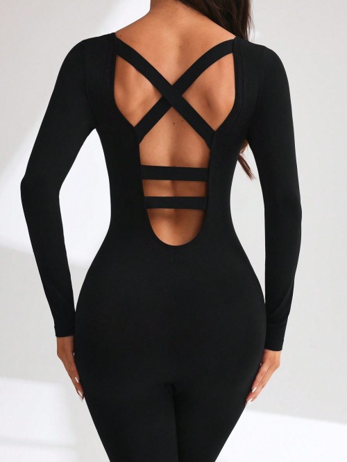 Women Crisscross Back Yoga Jumpsuit Long Sleeve Full Body Workout Sport Jumpsuit
