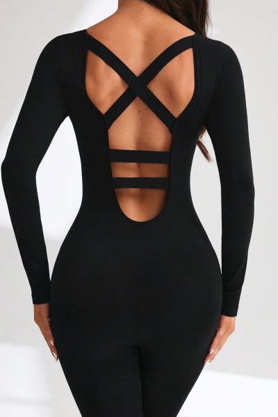 Women Crisscross Back Yoga Jumpsuit Long Sleeve Full Body Workout Sport Jumpsuit