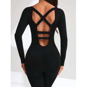 Women Crisscross Back Yoga Jumpsuit Long Sleeve Full Body Workout Sport Jumpsuit