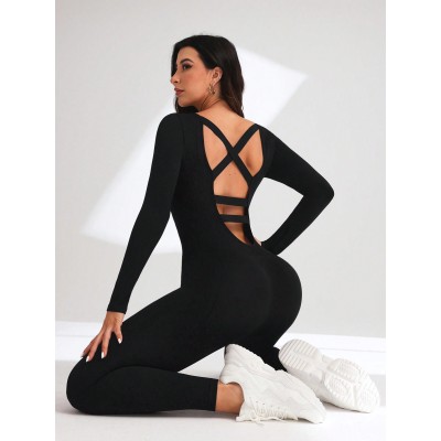 Women Crisscross Back Yoga Jumpsuit Long Sleeve Full Body Workout Sport Jumpsuit