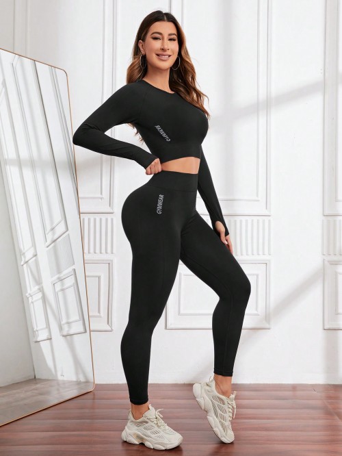 Seamless Workout Sets for Women 2 Piece Leggings Long Sleeves Crop Tops Matching