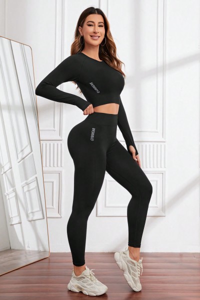 Seamless Workout Sets for Women 2 Piece Leggings Long Sleeves Crop Tops Matching