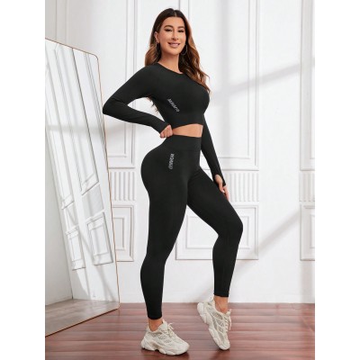 Seamless Workout Sets for Women 2 Piece Leggings Long Sleeves Crop Tops Matching