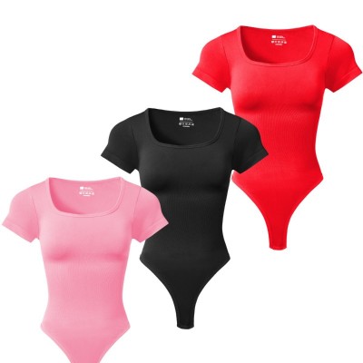Plus Size Women Square Neck Yoga Bodysuit, Seamless Ribbed Sport Jumpsuit for Running Workout
