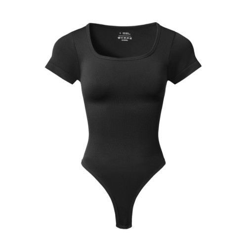 Plus Size Women Square Neck Yoga Bodysuit, Seamless Ribbed Sport Jumpsuit for Running Workout