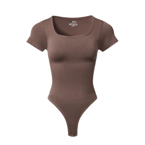 Plus Size Women Square Neck Yoga Bodysuit, Seamless Ribbed Sport Jumpsuit for Running Workout