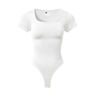 Plus Size Women Square Neck Yoga Bodysuit, Seamless Ribbed Sport Jumpsuit for Running Workout
