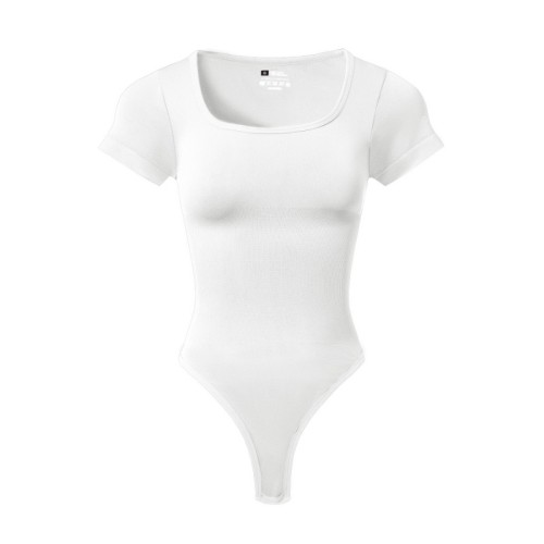 Plus Size Women Square Neck Yoga Bodysuit, Seamless Ribbed Sport Jumpsuit for Running Workout