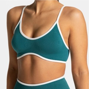 Women White Trim Yoga Sports Bra, Backless Knit Fitness Top with Removable Chest Cushion