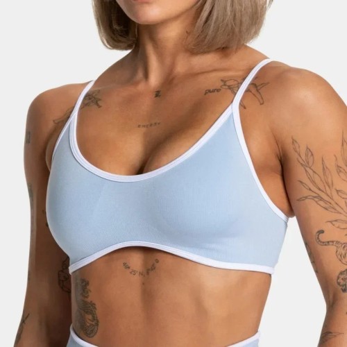 Women White Trim Yoga Sports Bra, Backless Knit Fitness Top with Removable Chest Cushion