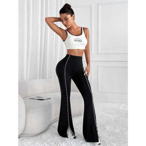 Women Line Spliced Flare Leggings, High Waist Split Hem Butt Lifting Yoga Pants for Fitness