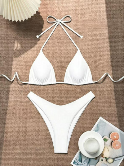 Women Ribbed Halter Tie Bikini Custom Logo Solid Two Piece Beach Swimsuit